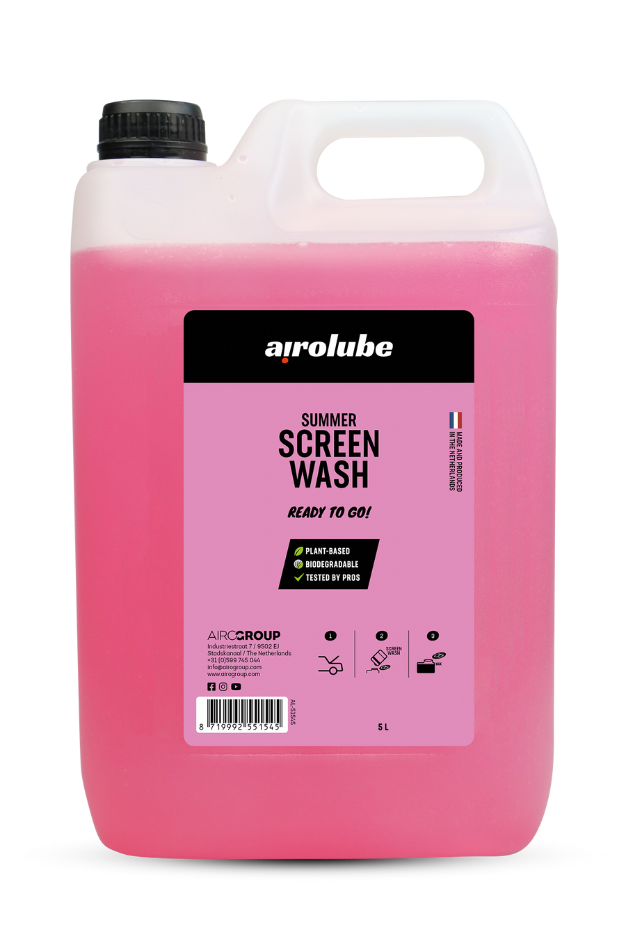 5L pink summer screen wash canister, plant-based and biodegradable, with black cap and label.
