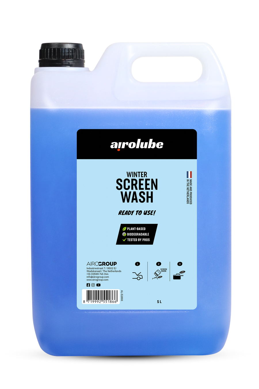5L bottle of winter screen wash with blue liquid and eco-friendly, plant-based label